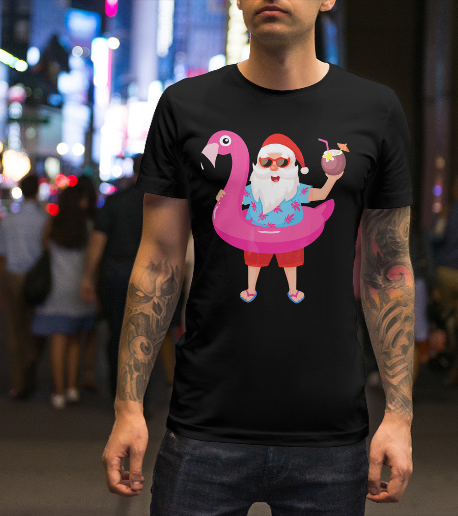 Funny Santa Claus With Flamingo And Tropical Drink T-Shirt