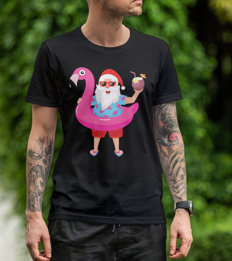 Funny Santa Claus With Flamingo And Tropical Drink T-Shirt