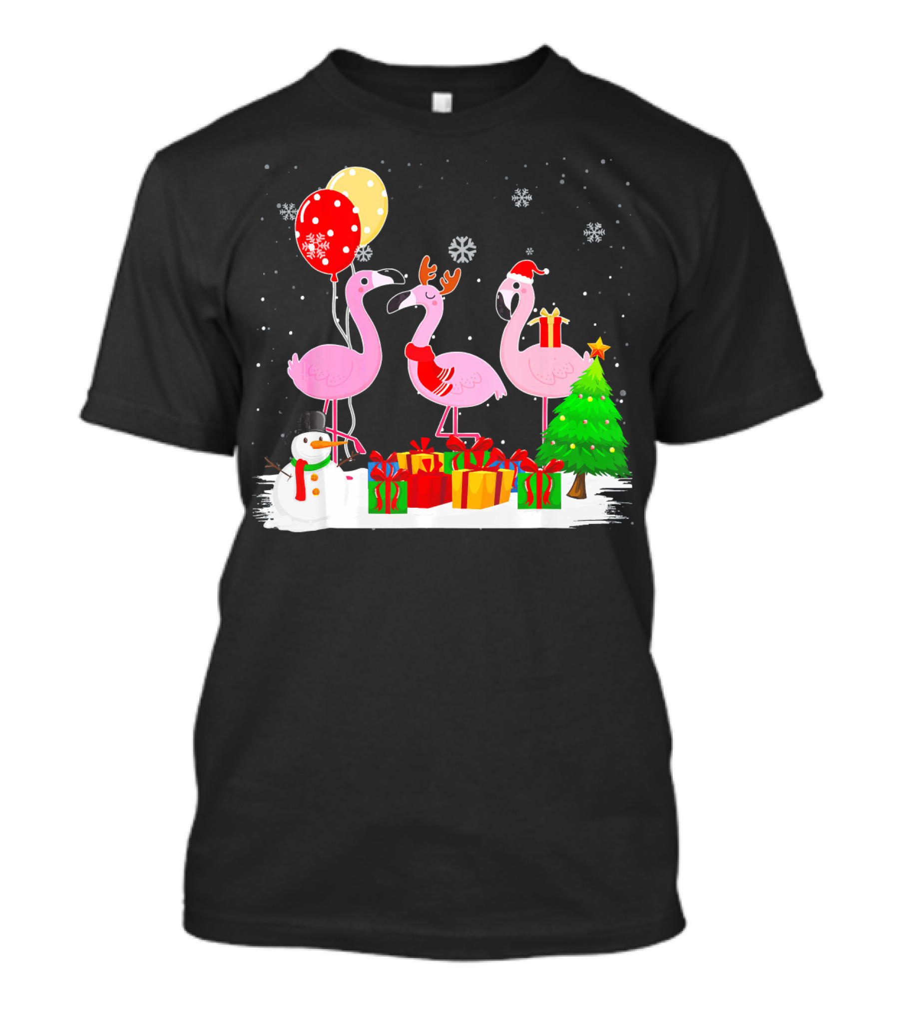 Three Flamingos Xmas Santa With Christmas Tree Presents Snowman Balloons T-Shirt