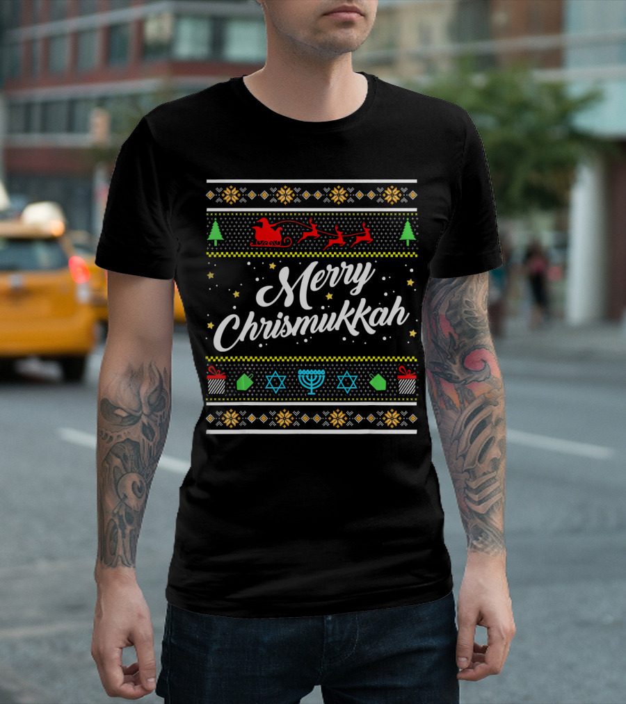 Merry Chrismukkah Santa Sleigh Menorah Stars Trees Snowflakes T-Shirt