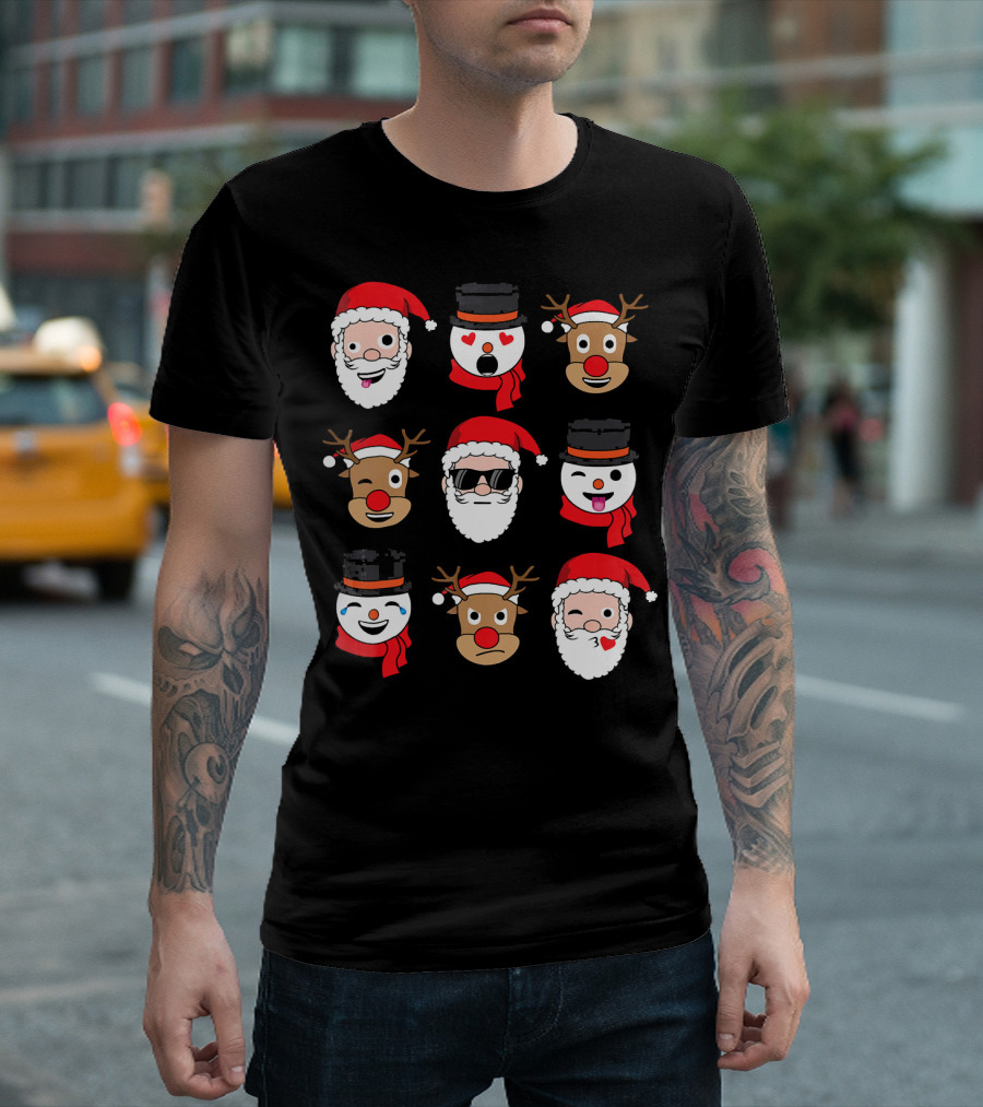 Santa Claus Emoji Faces With Reindeer And Snowman Expressions T-Shirt