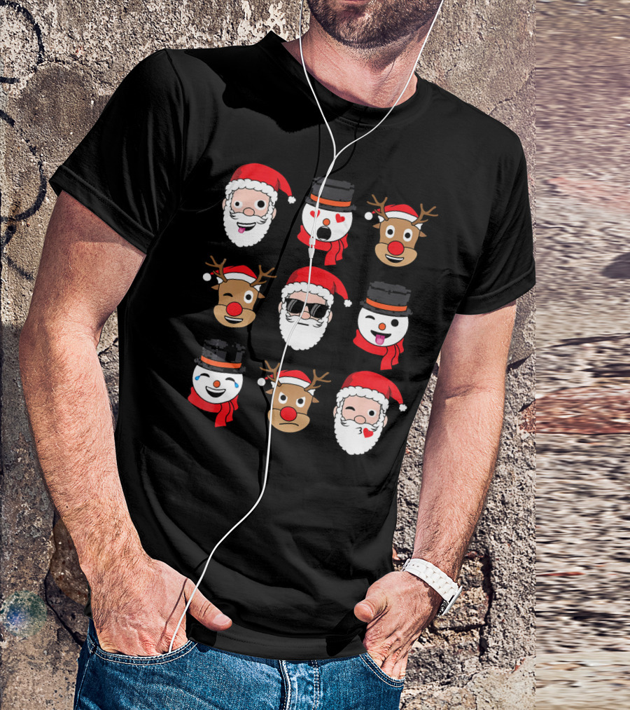 Santa Claus Emoji Faces With Reindeer And Snowman Expressions T-Shirt