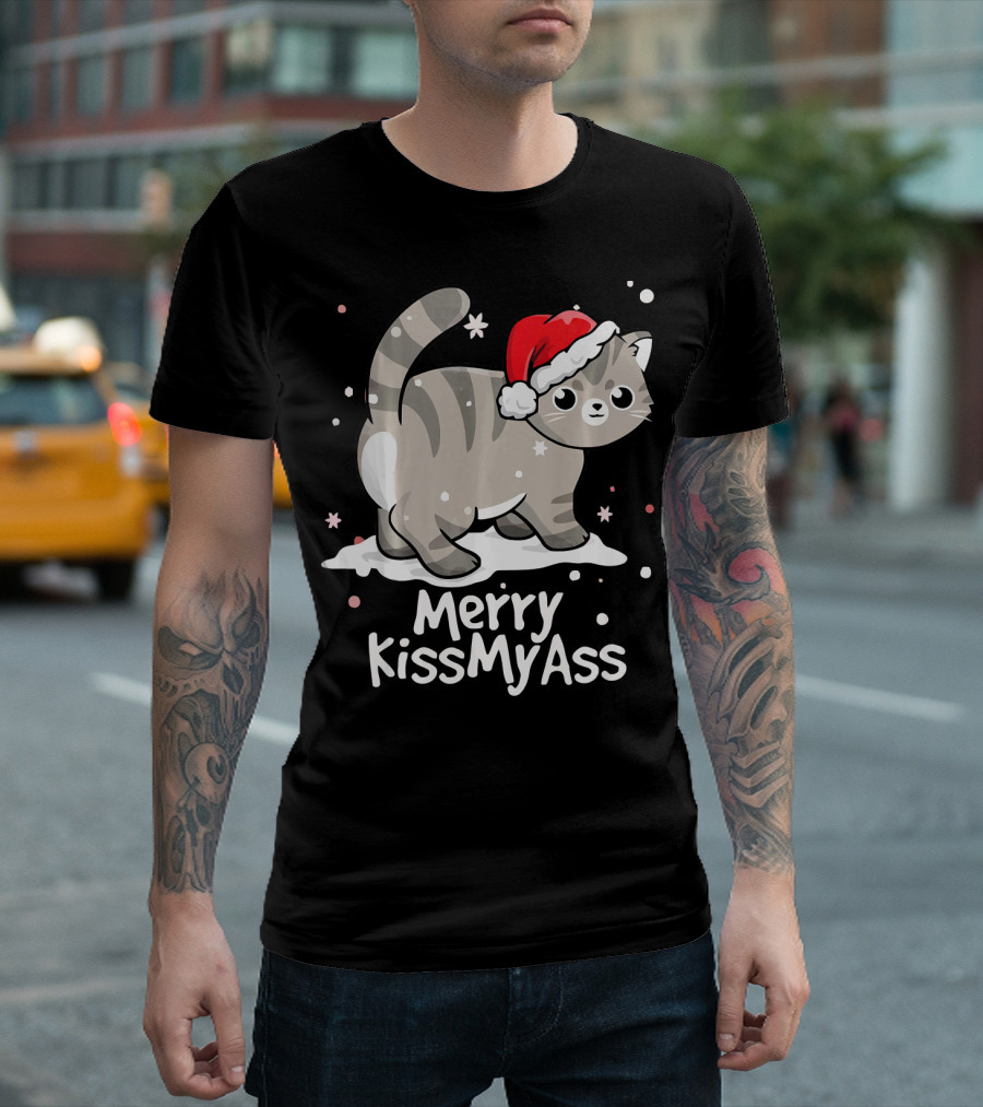 Merry KissMyAss Cat With Santa Hat In Snowflakes T-Shirt