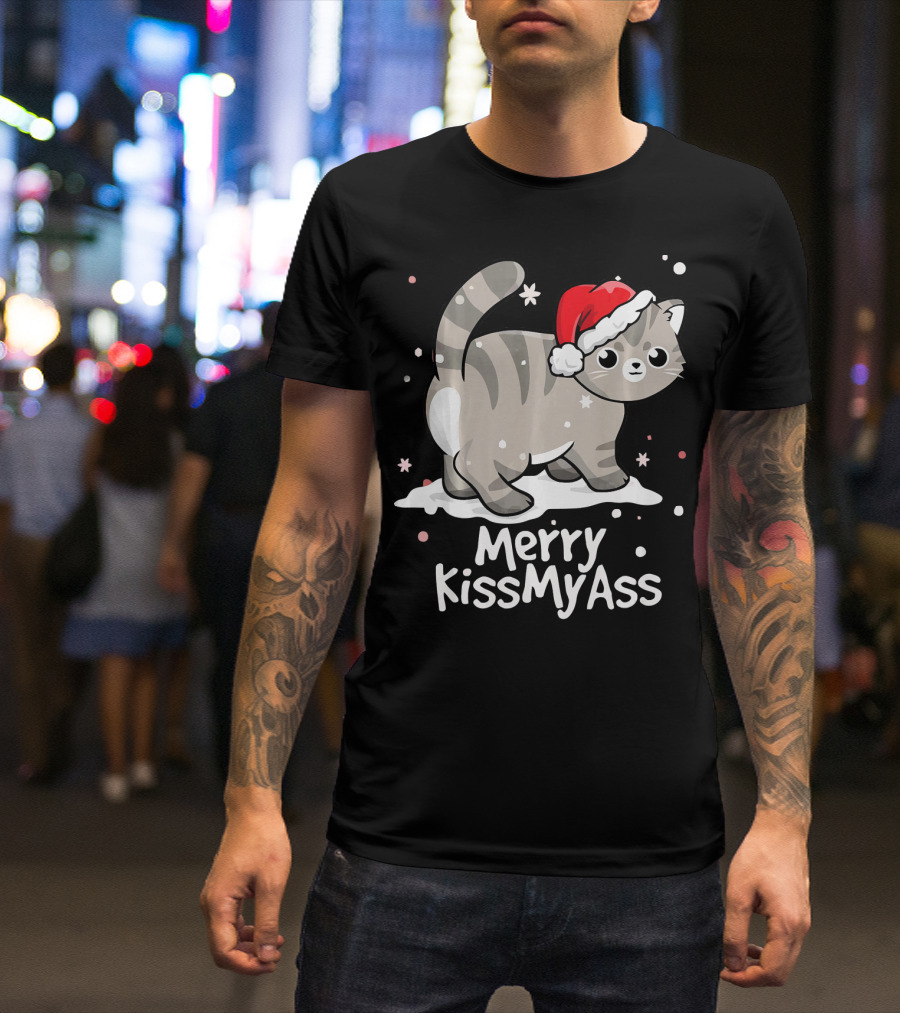 Merry KissMyAss Cat With Santa Hat In Snowflakes T-Shirt