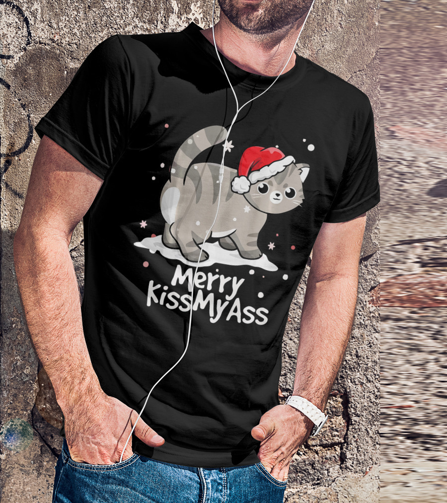 Merry KissMyAss Cat With Santa Hat In Snowflakes T-Shirt