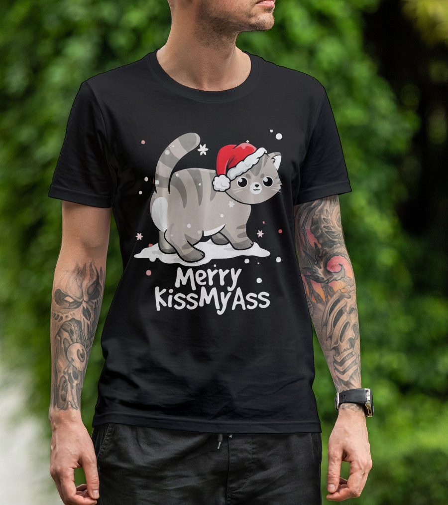 Merry KissMyAss Cat With Santa Hat In Snowflakes T-Shirt