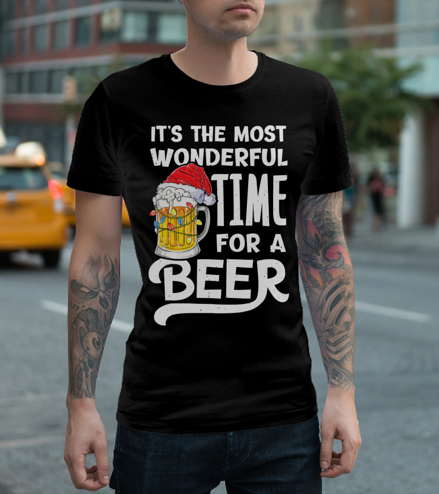 It's The Most Wonderful Time For A Beer With Santa Hat and Holiday Lights T-Shirt
