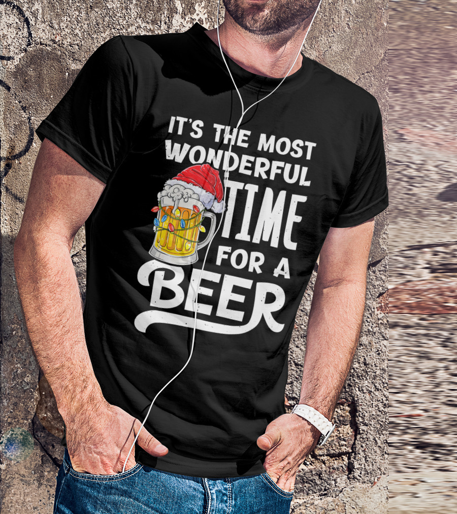 It's The Most Wonderful Time For A Beer With Santa Hat And Holiday Lights T-Shirt