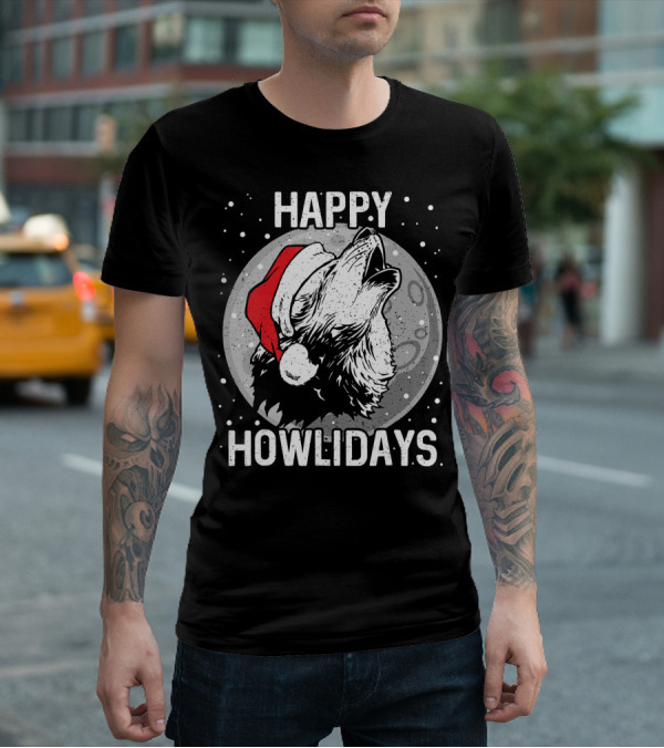 Happy Howlidays Christmas Wolf Santa Hat Moon T-Shirt