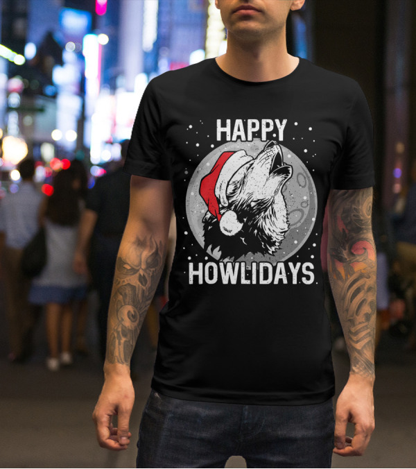 Happy Howlidays Christmas Wolf Santa Hat Moon T-Shirt