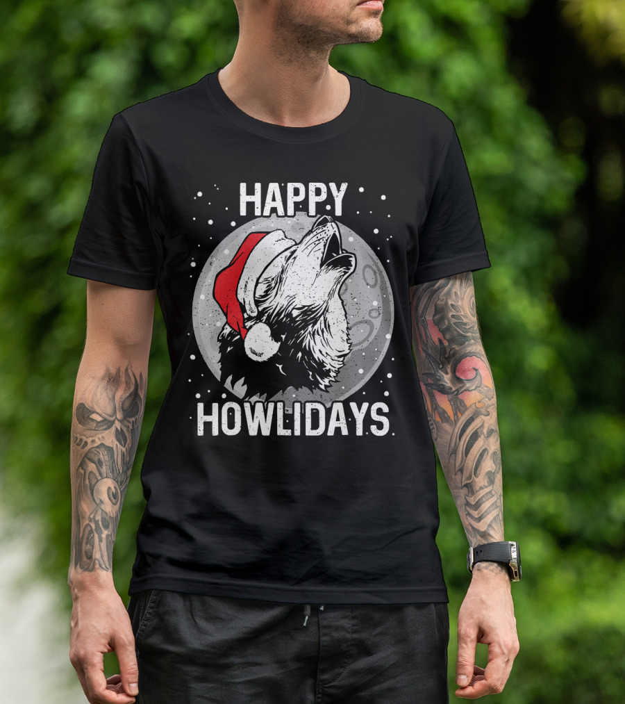 Happy Howlidays Christmas Wolf Santa Hat Moon T-Shirt
