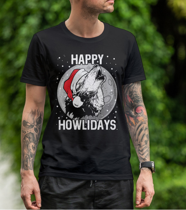 Happy Howlidays Christmas Wolf Santa Hat Moon T-Shirt