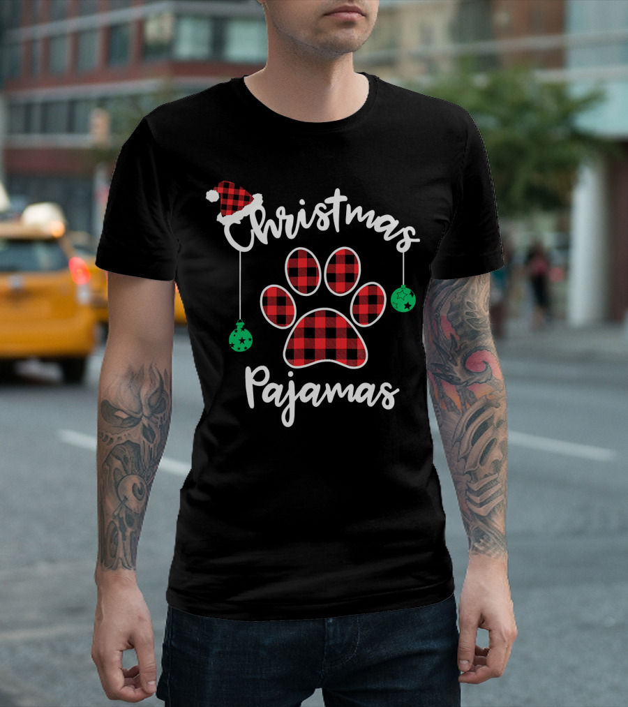 Christmas Pajamas Buffalo Plaid Santa Hat Paw Prints T-Shirt