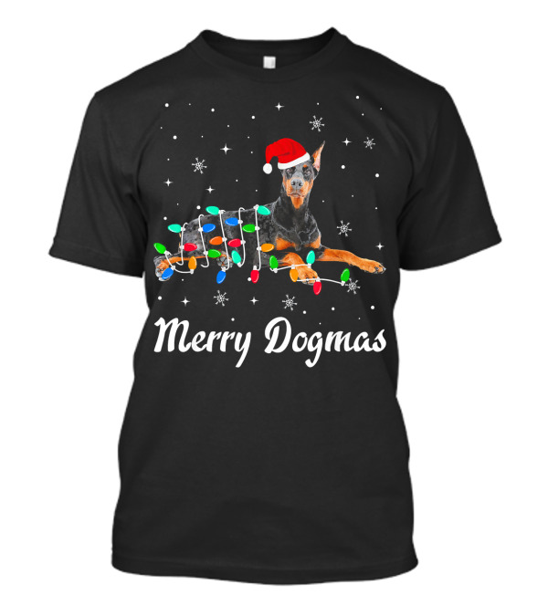 Merry Dogmas Christmas Doberman With Santa Hat And Festive Lights T-Shirt