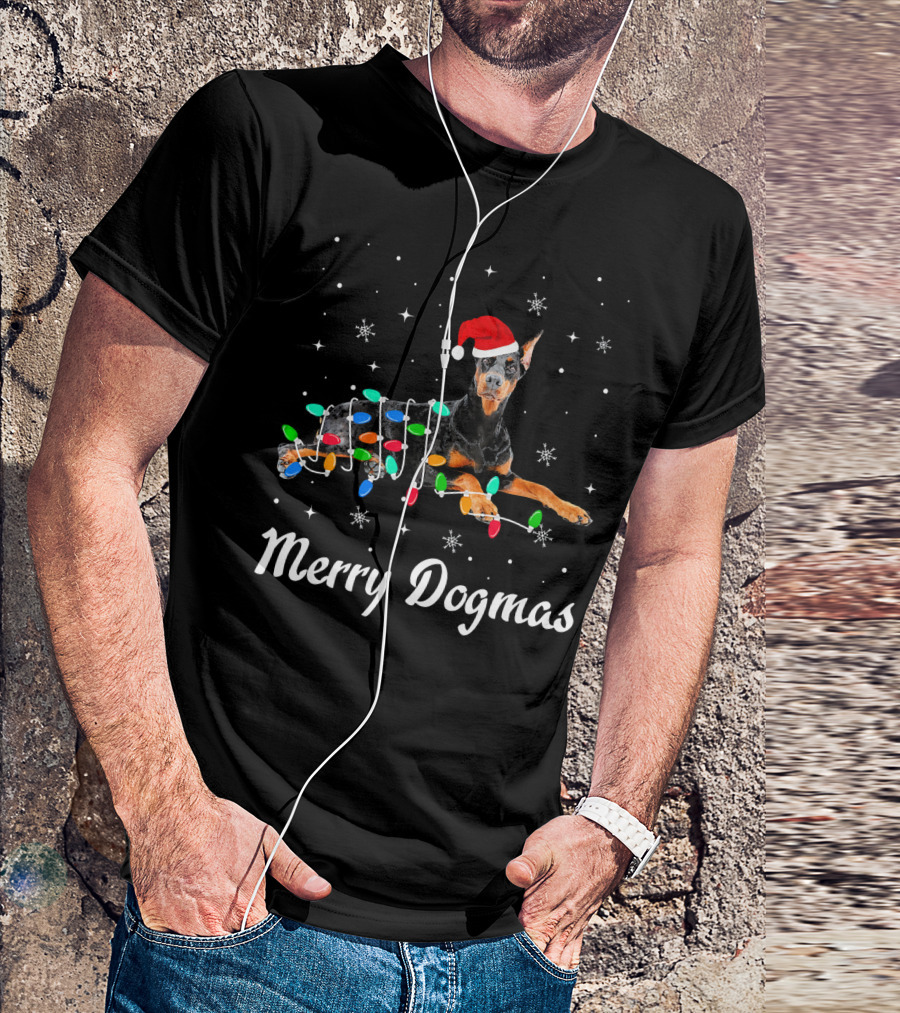 Merry Dogmas Christmas Doberman With Santa Hat And Festive Lights T-Shirt