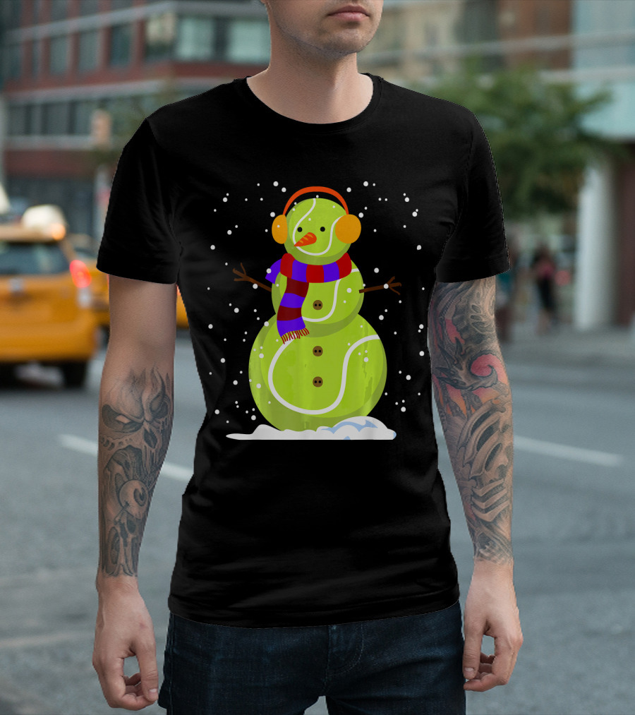 Dabbing Tennis Ball Snowman with Scarf and Earmuffs T-Shirt