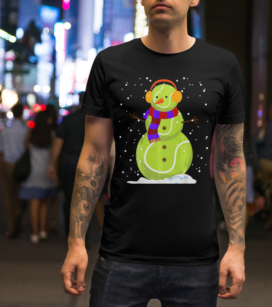 Dabbing Tennis Ball Snowman With Scarf And Earmuffs T-Shirt