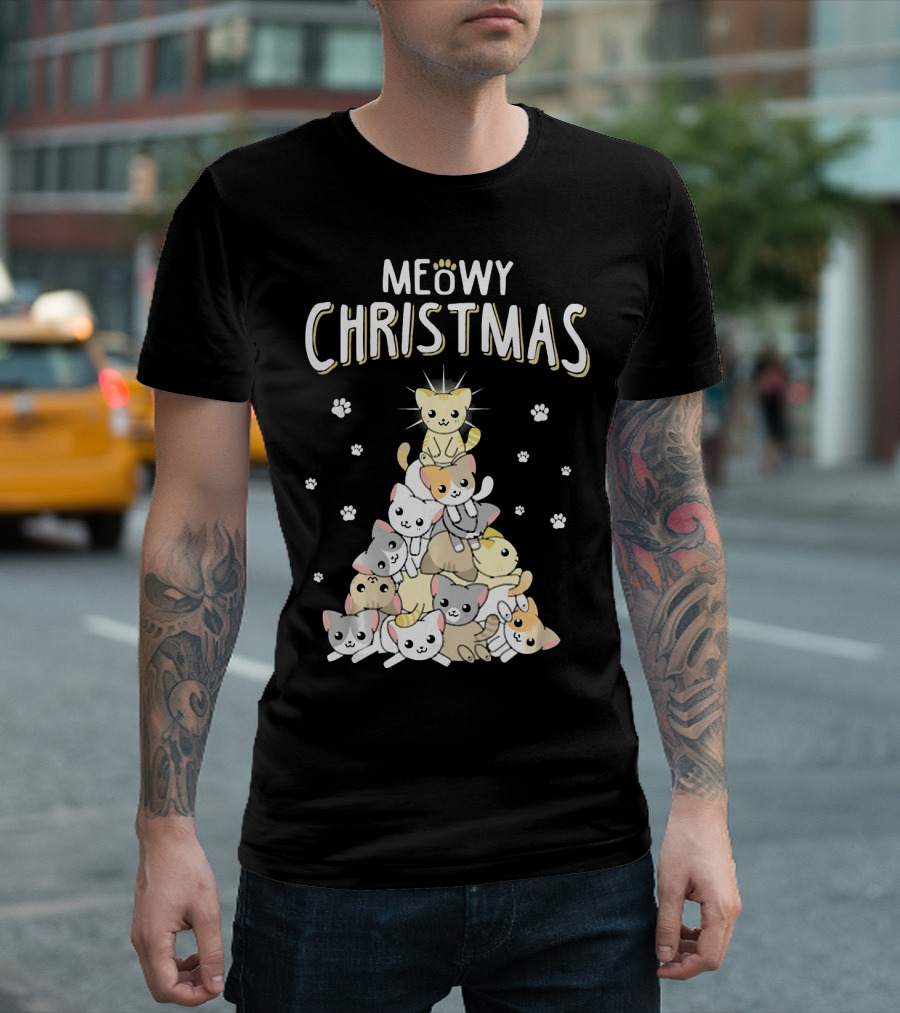 Meowy Christmas Cats Tree With Cute Paw Prints T-Shirt