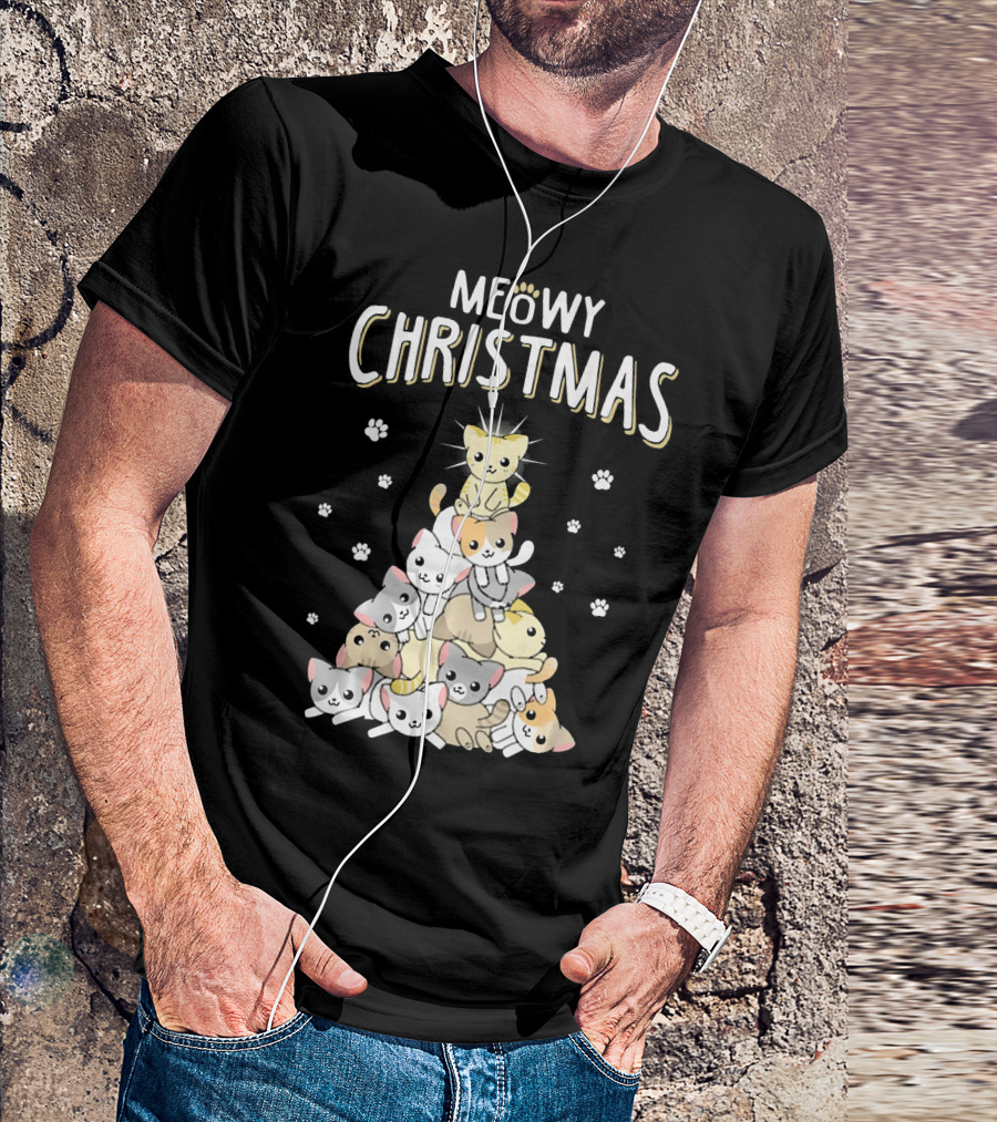 Meowy Christmas Cats Tree With Cute Paw Prints T-Shirt
