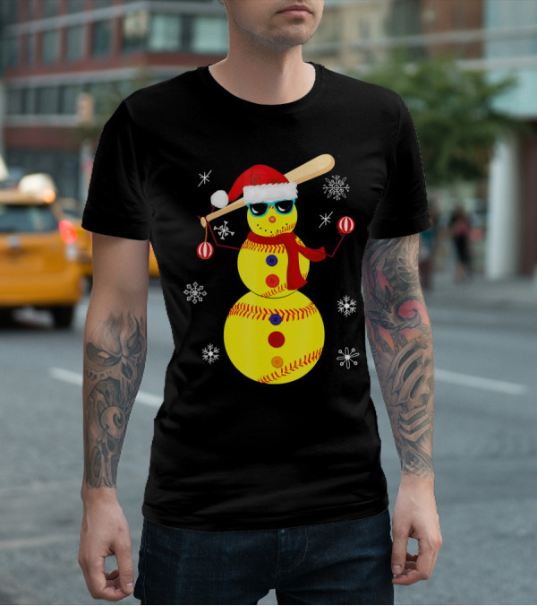 Christmas Softball Snowman With Bat And Santa Hat T-Shirt
