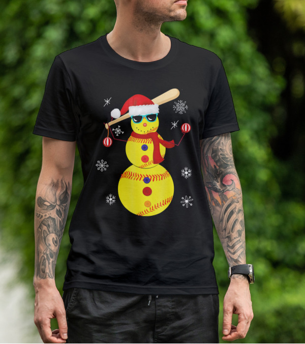 Christmas Softball Snowman With Bat And Santa Hat T-Shirt