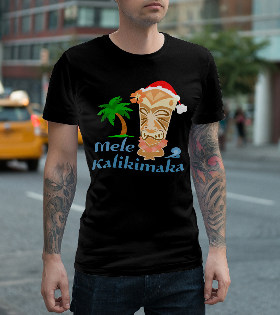 Mele Kalikimaka Hawaiian Christmas Tiki With Palm Tree And Santa Hat T-Shirt