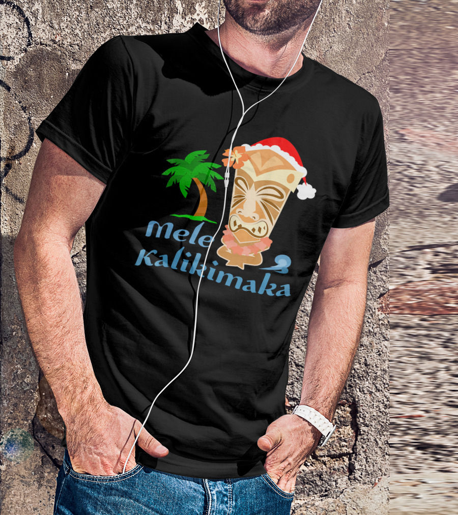 Mele Kalikimaka Hawaiian Christmas Tiki With Palm Tree And Santa Hat T-Shirt