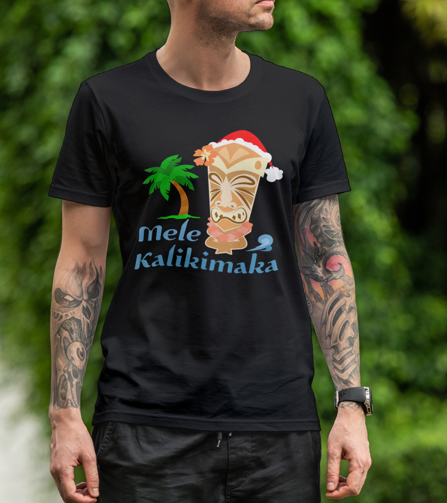 Mele Kalikimaka Hawaiian Christmas Tiki With Palm Tree And Santa Hat T-Shirt
