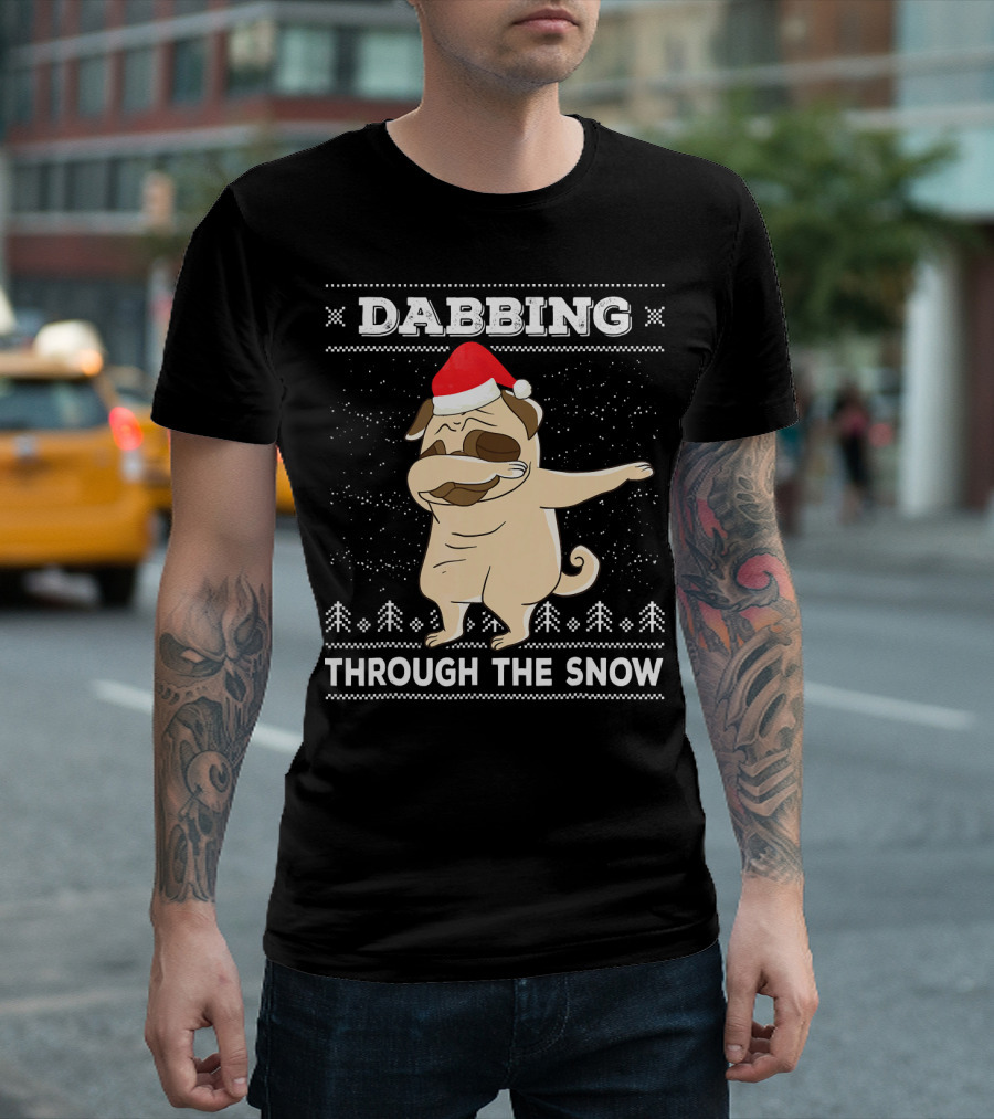 Dabbing Pug Through The Snow Santa Hat T-Shirt