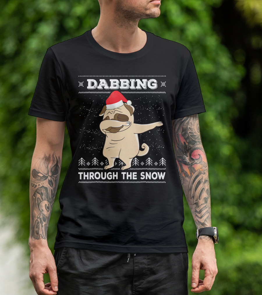 Dabbing Pug Through The Snow Santa Hat T-Shirt