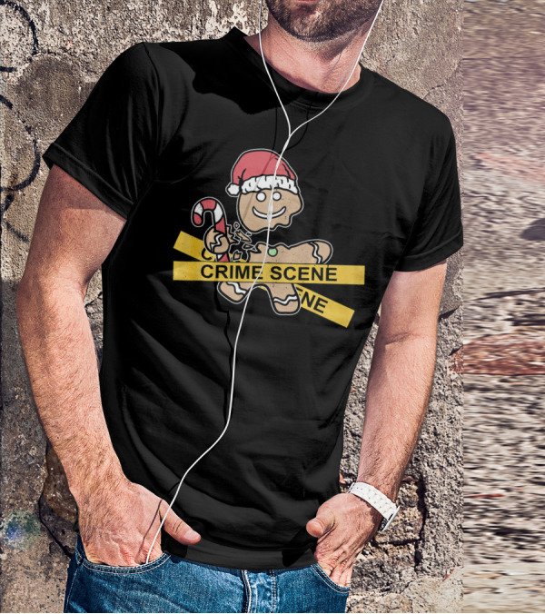 Gingerbread Cookie Crime Scene Santa Hat Candy Cane Christmas T-Shirt