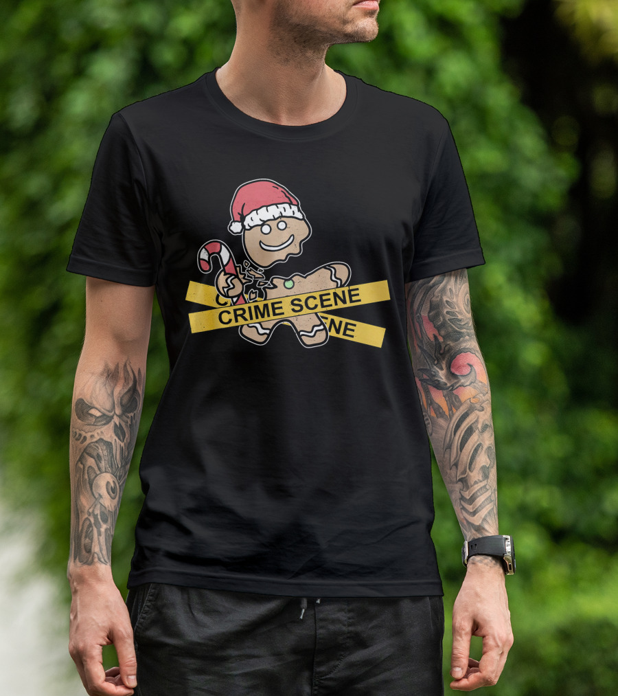 Gingerbread Cookie Crime Scene Santa Hat Candy Cane Christmas T-Shirt