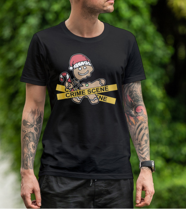 Gingerbread Cookie Crime Scene Santa Hat Candy Cane Christmas T-Shirt