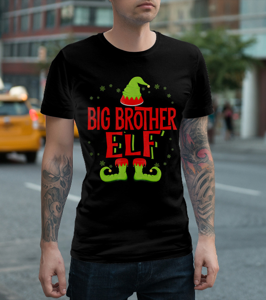 Big Brother Elf Christmas Outfit With Green Hat And Shoes T-Shirt