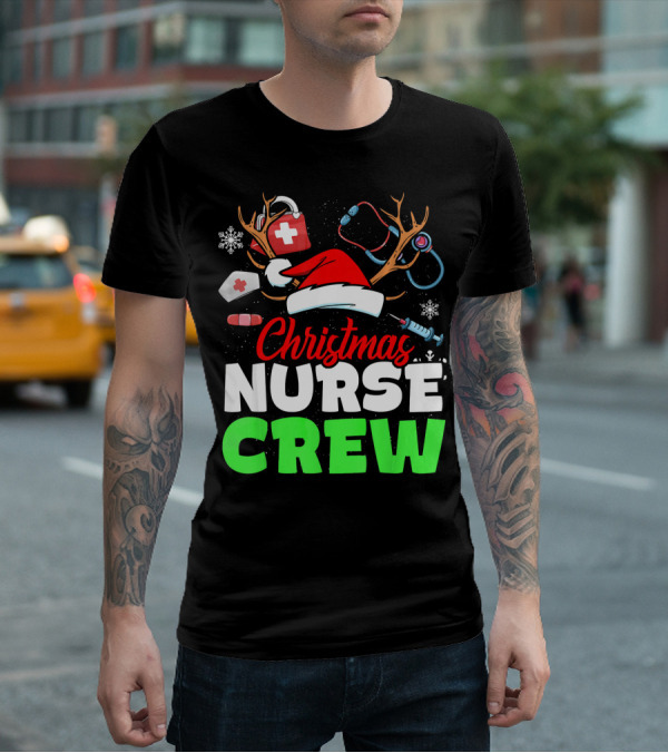 Christmas Nurse Crew Reindeer Antlers Stethoscope Santa Hat Snowflakes T-Shirt