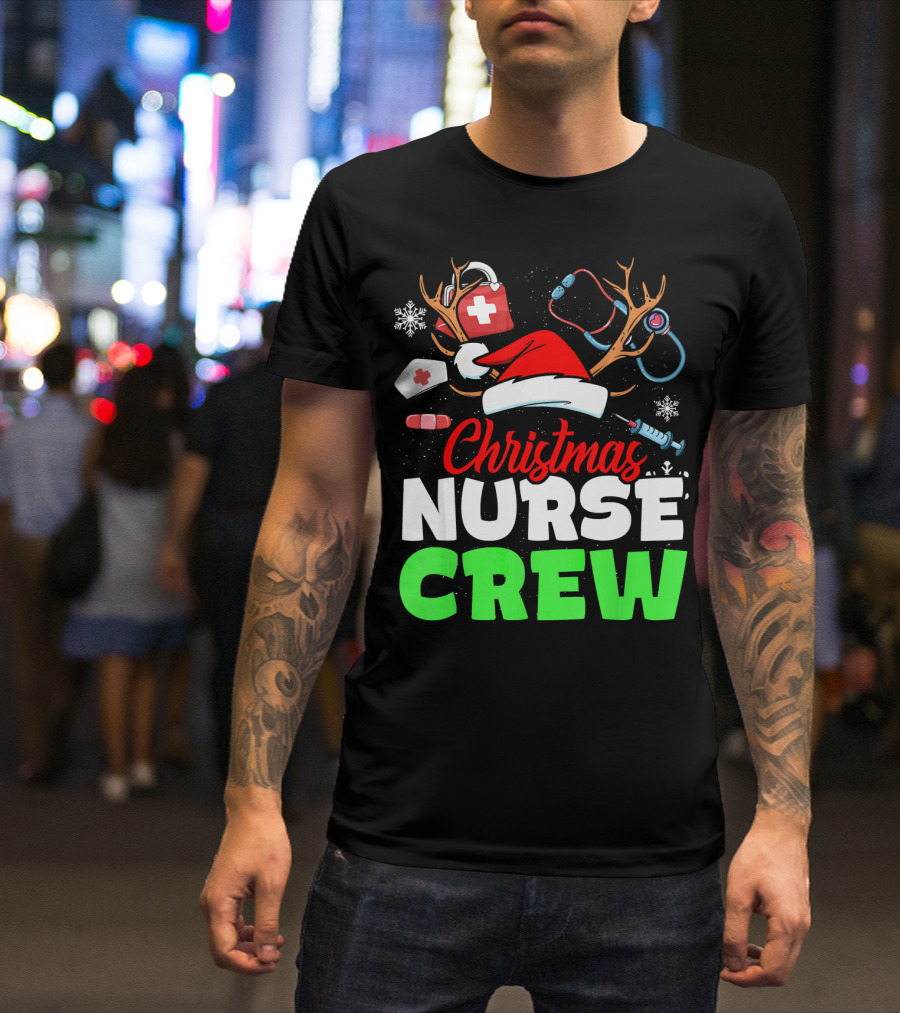 Christmas Nurse Crew Reindeer Antlers Stethoscope Santa Hat Snowflakes T-Shirt