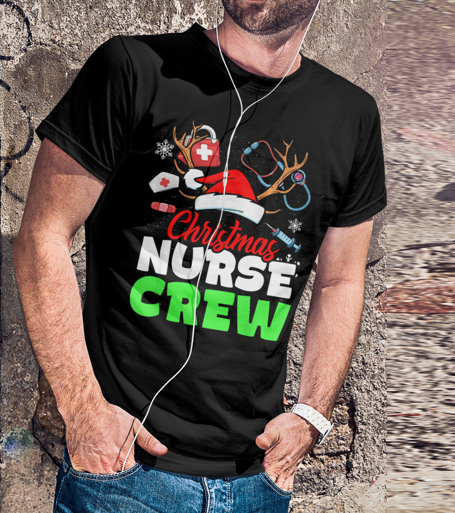 Christmas Nurse Crew Reindeer Antlers Stethoscope Santa Hat Snowflakes T-Shirt
