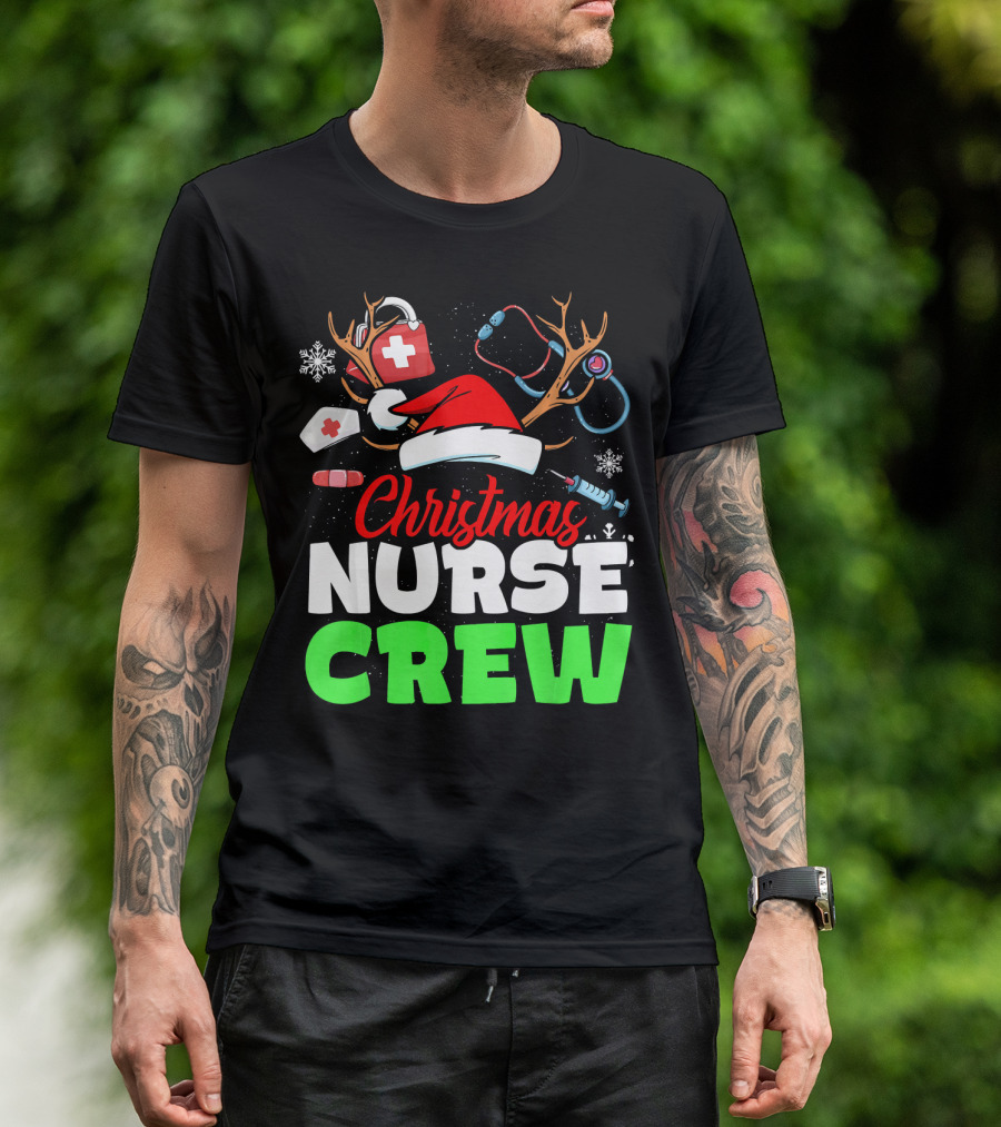 Christmas Nurse Crew Reindeer Antlers Stethoscope Santa Hat Snowflakes T-Shirt