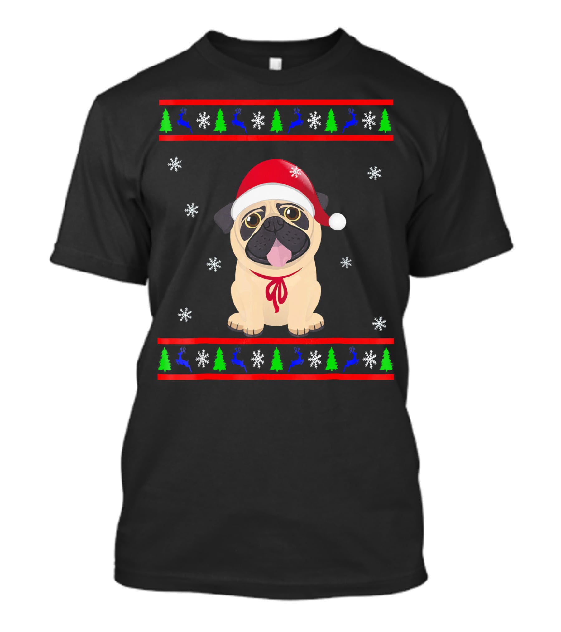 Christmas Santa Hat Pug Snowflakes Trees Reindeer T-Shirt