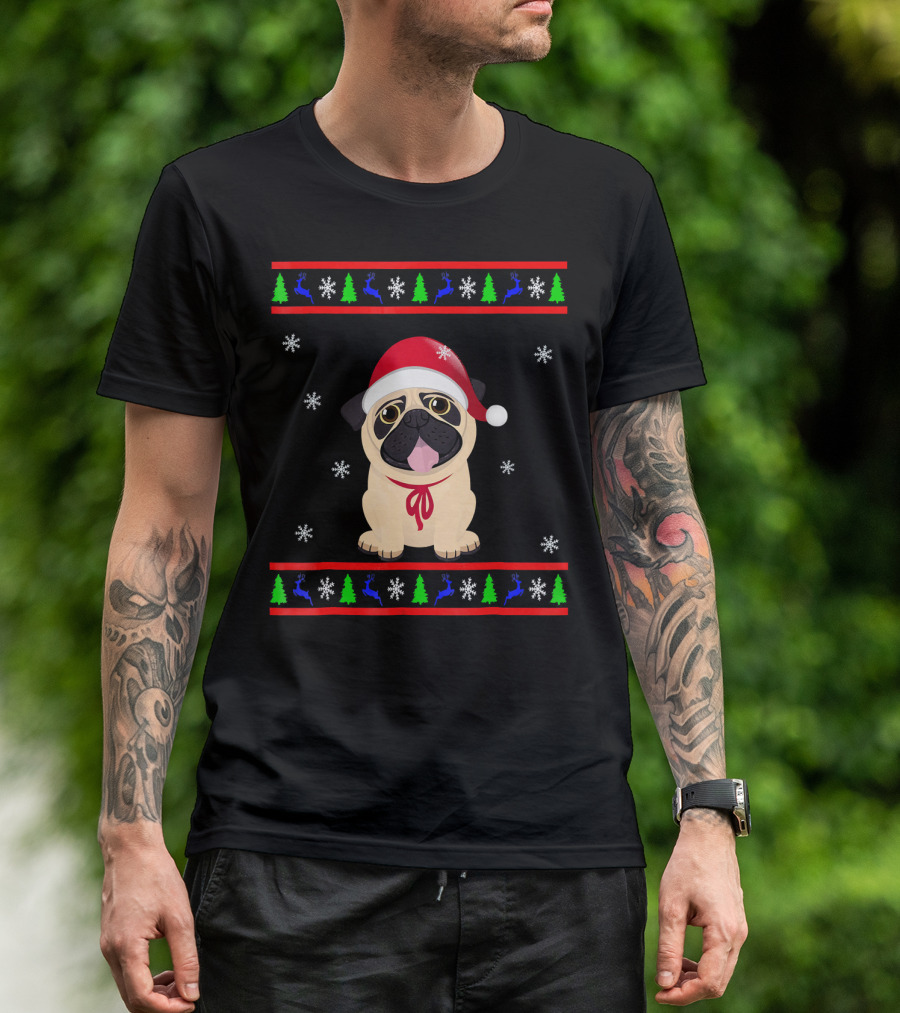 Christmas Santa Hat Pug Snowflakes Trees Reindeer T-Shirt