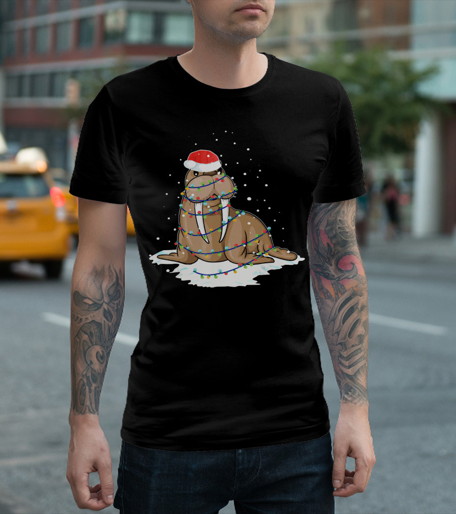 Walrus Wrapped in Christmas Lights with Santa Hat on Snow T-Shirt