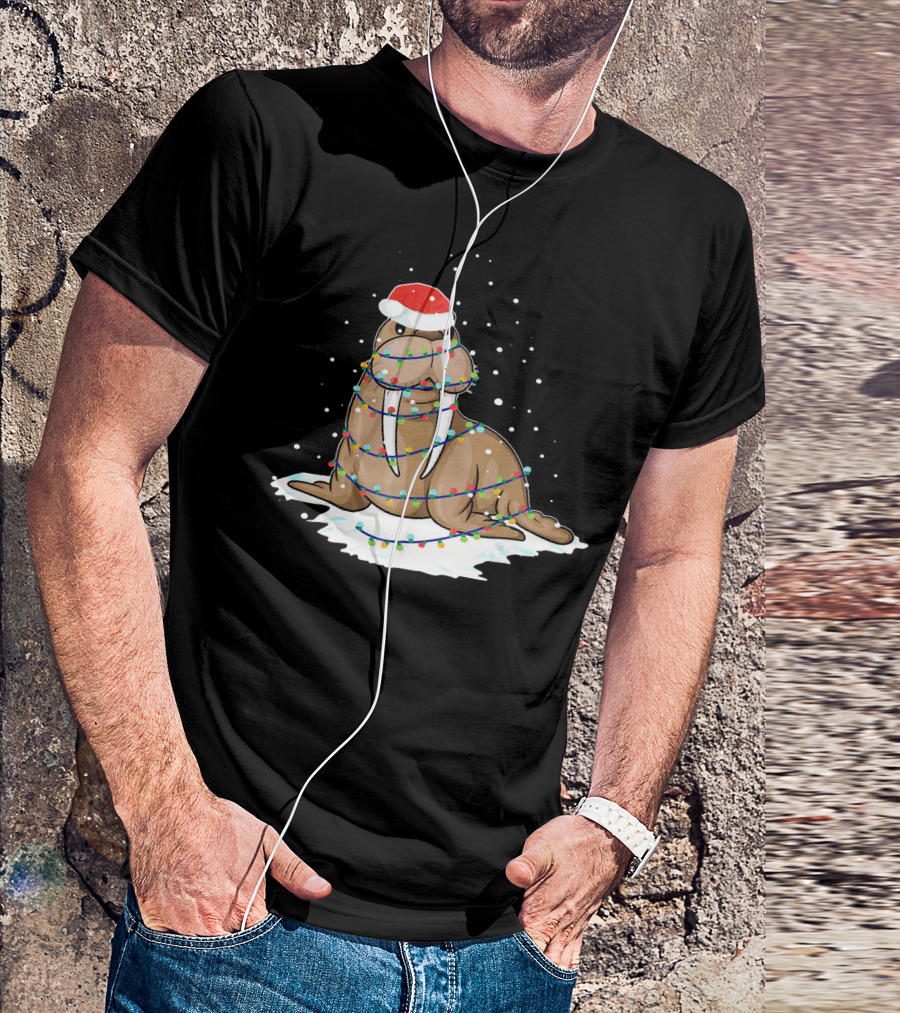 Walrus Wrapped In Christmas Lights With Santa Hat On Snow T-Shirt