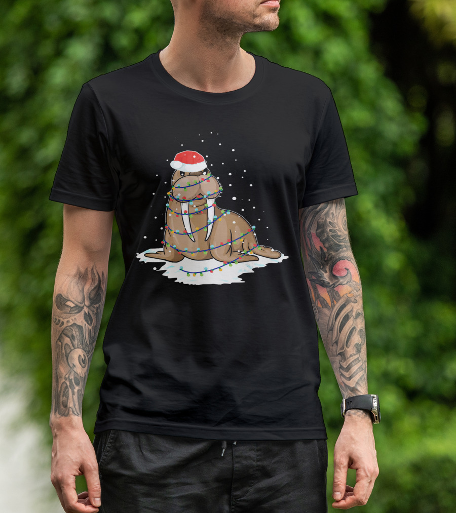 Walrus Wrapped In Christmas Lights With Santa Hat On Snow T-Shirt