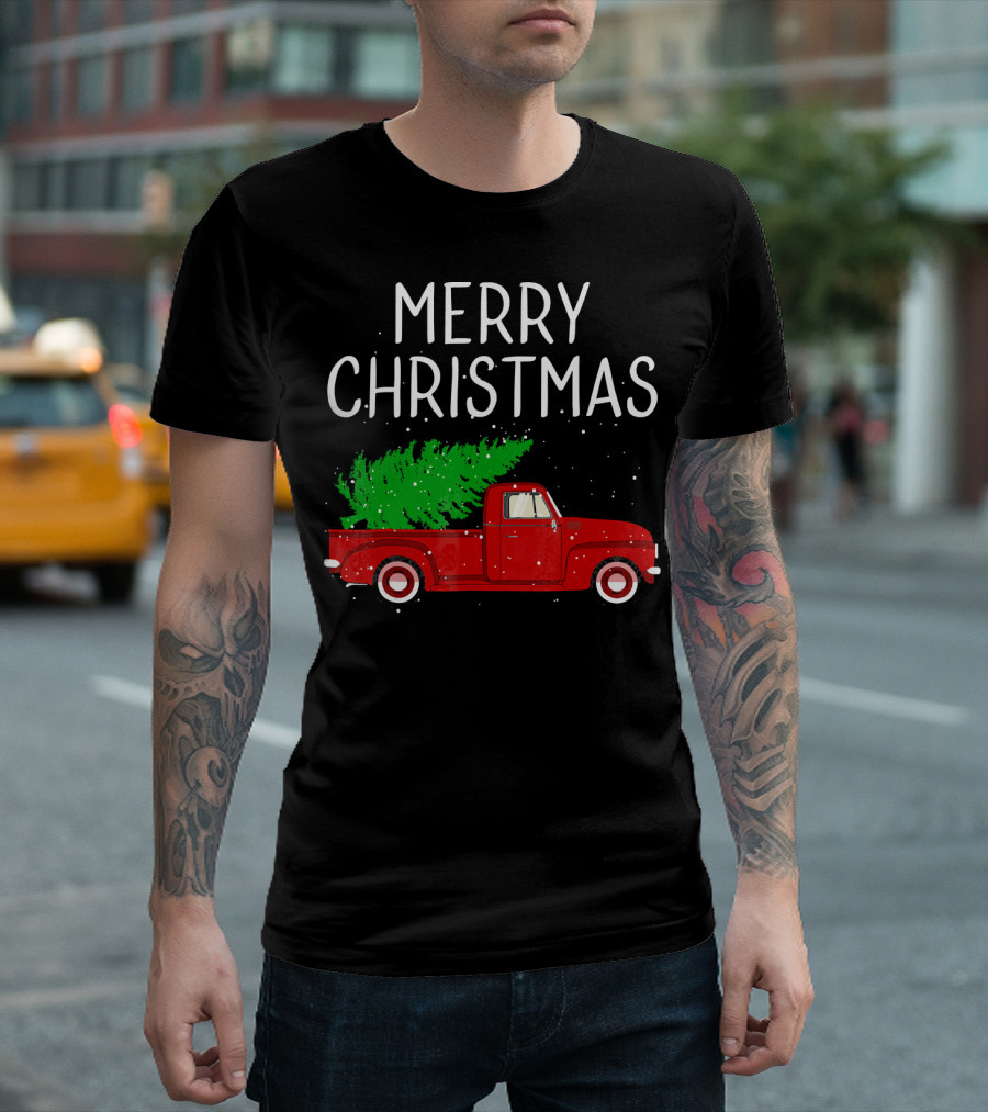 Merry Christmas Vintage Red Truck with Tree T-Shirt