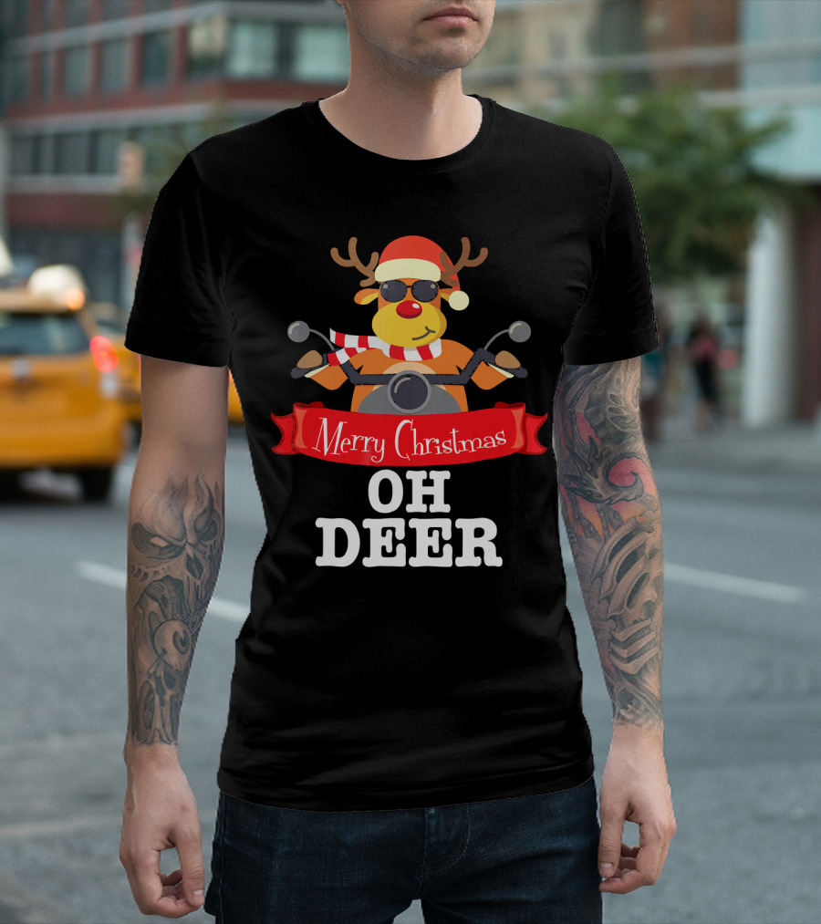 Merry Christmas Oh Deer Reindeer Motorcycle Santa Hat T-Shirt