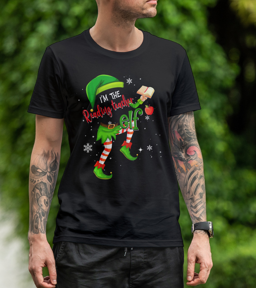 I'm The Reading Teacher Elf Holding Book Apple Wearing Elf Outfit Snowflakes T-Shirt