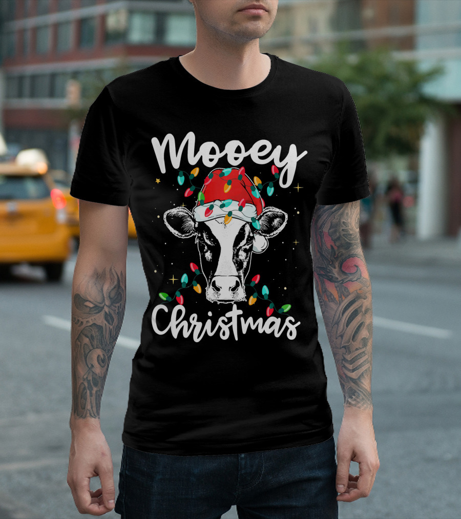 Mooey Christmas Cow with Santa Hat and Christmas Lights T-Shirt