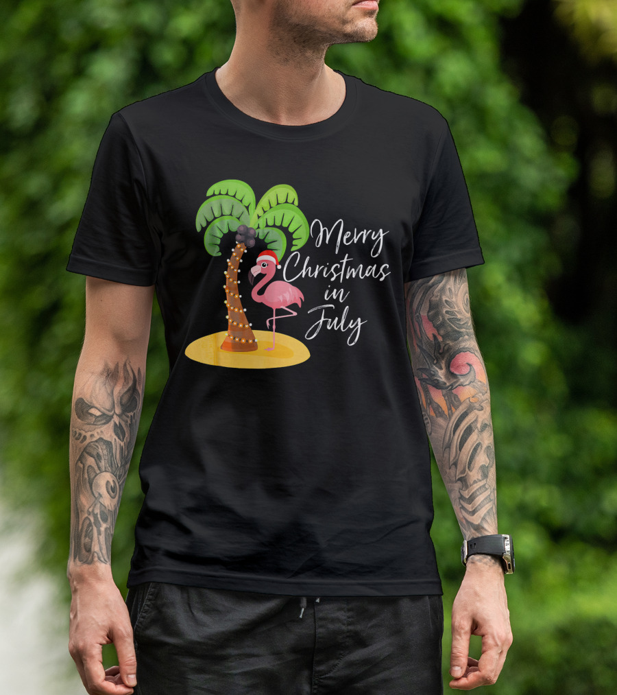 Merry Christmas In July Flamingo And Palm Tree T-Shirt