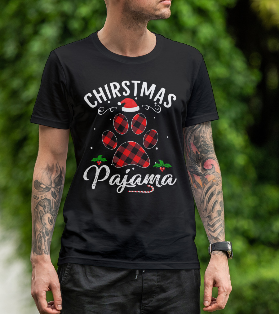 Buffalo Plaid Christmas Pajama Paw Holiday Hat T-Shirt