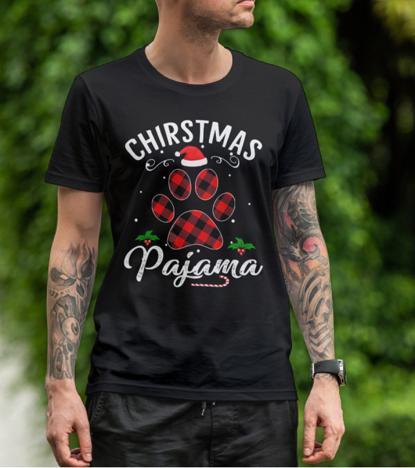 Buffalo Plaid Christmas Pajama Paw Holiday Hat T-Shirt